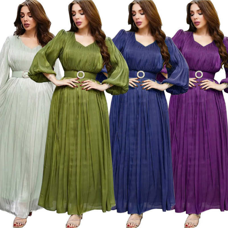 

MQ047 Women's Fashion Muslim Shiny Silk Satin Dress with Metal Belt Dubai Robe, Dark blue
