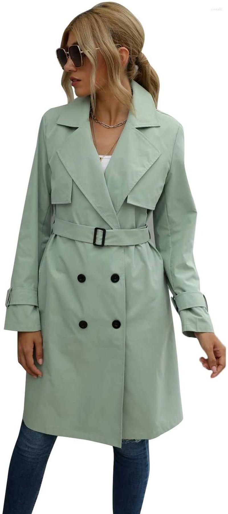 

Women' Trench Coats Fashion Autumn Winter Thin Women Solid Colors Double Breasted With Belt Office Lady Elegant Long Windbreak Coat, Green