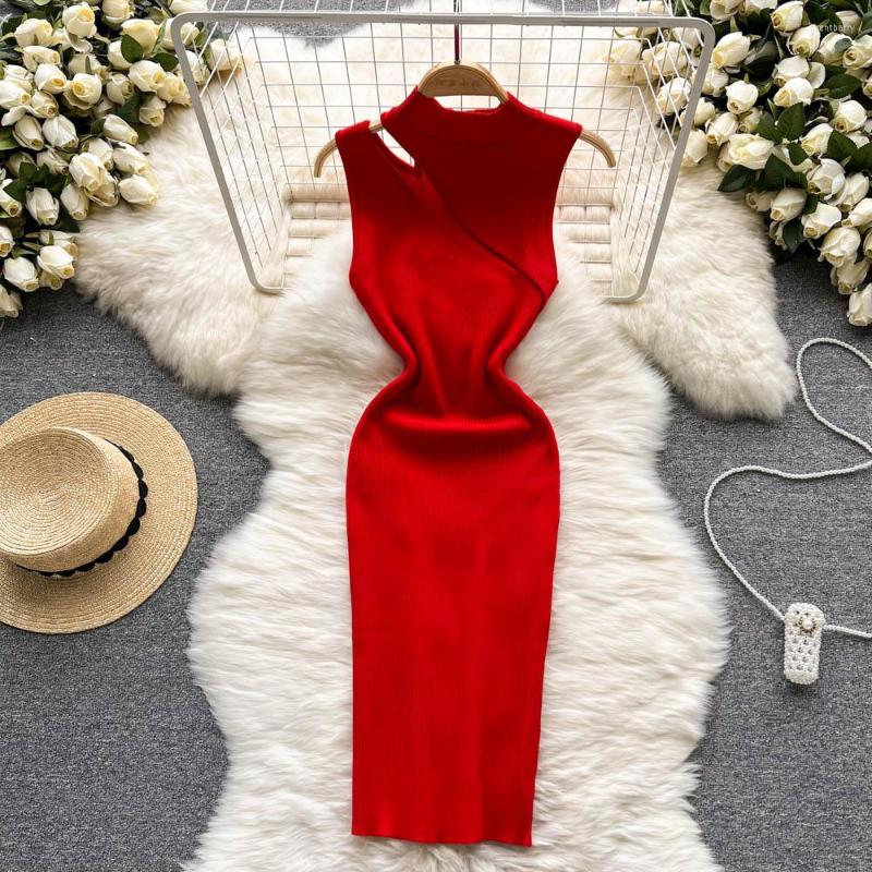 

Casual Dresses Sleeveless Hollow Asymmetrical Elastic Knit Bodycon Wrap Dress Fashion Party Elegant Vestidos Chic Summer Sexy Tight Women, Black