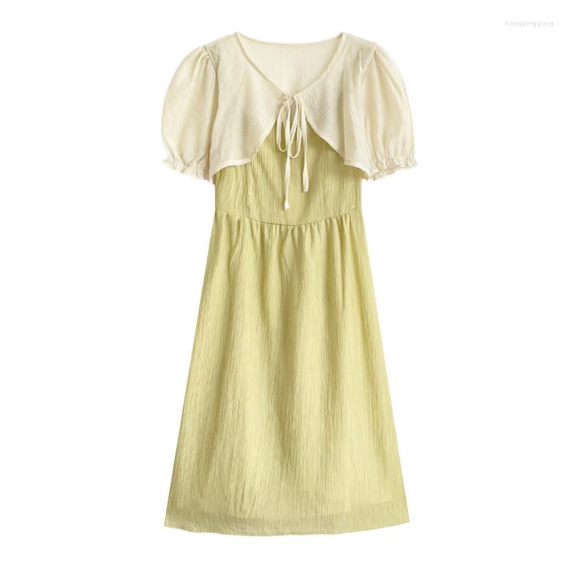 

Party Dresses Sweet And Fresh Fake Two Piece Patchwork Lace Up High Waist Slim Bubble Sleeve Dress, Green