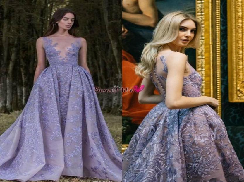 

Elegant 2019 Paolo Sebastian Overskirt Evening Dresses Lavender Sheer Deep V Neck Appliqued Floor Length Tulle Custom Made Prom Dr4149769, Hunter green