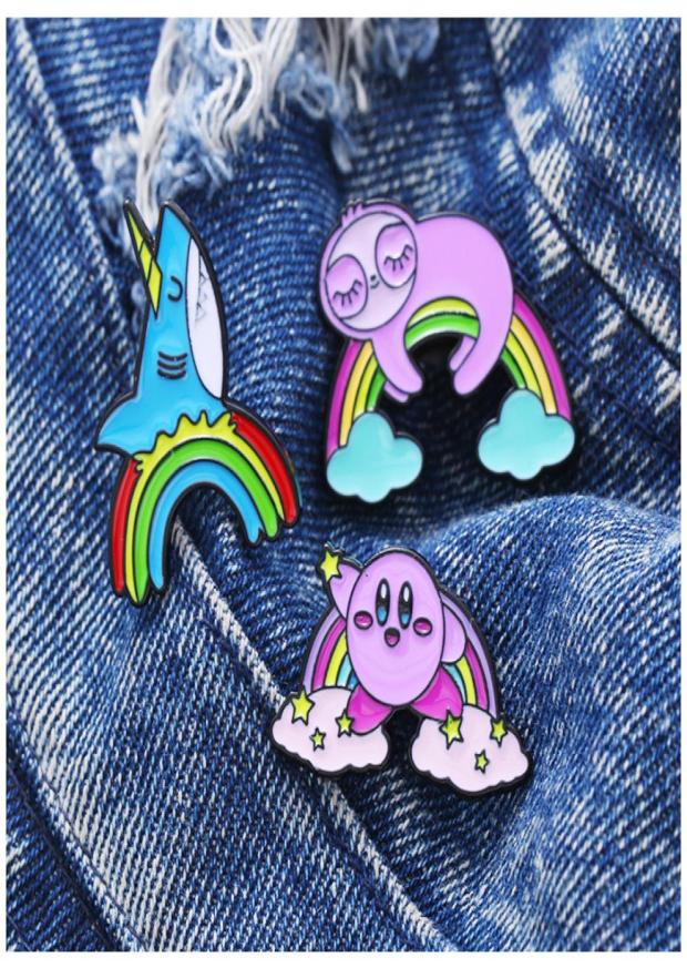 

Kawaii Anime Rainbow Shark sloth brooch cartoon pin Rainbow bridge with animal badge clothing accessories5765752, Red