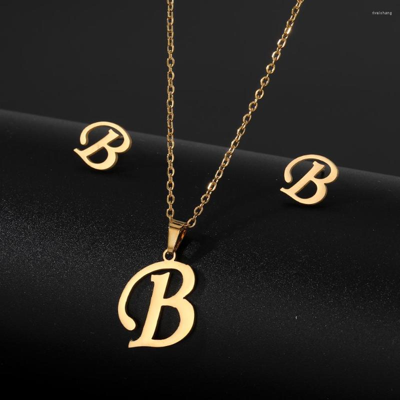 

Pendant Necklaces Charm Stainless Steel 26 Letter Initial Necklace For Women Chain Stud Earring Jewelry Set Name Alphabet Choker Gift