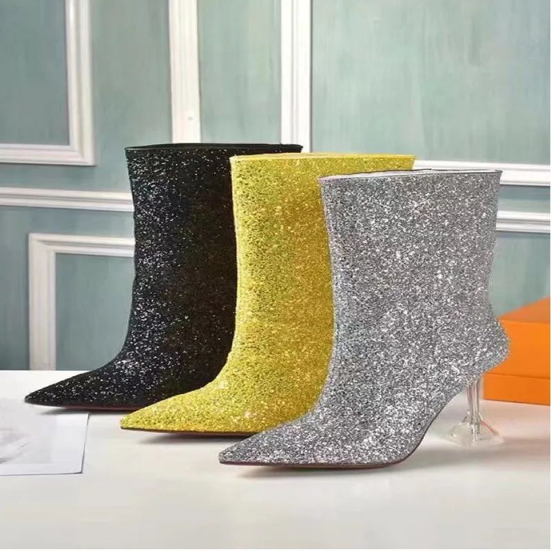 

autumn winter heeled heel boots fashion sexy Belt buckle designer boot leather Crystal heel pointed women shoes lady Letter Shiny high heels Large size 35-42 with box, Silver