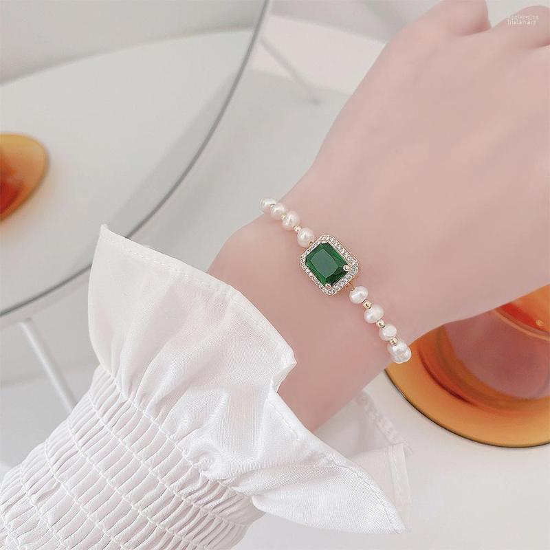 

Bangle Fashion Retro Emerald Zircon Square Exquisite Forest Fairy Temperament Senior Freshwater Pearl Ladies Bracelet Pull-Out