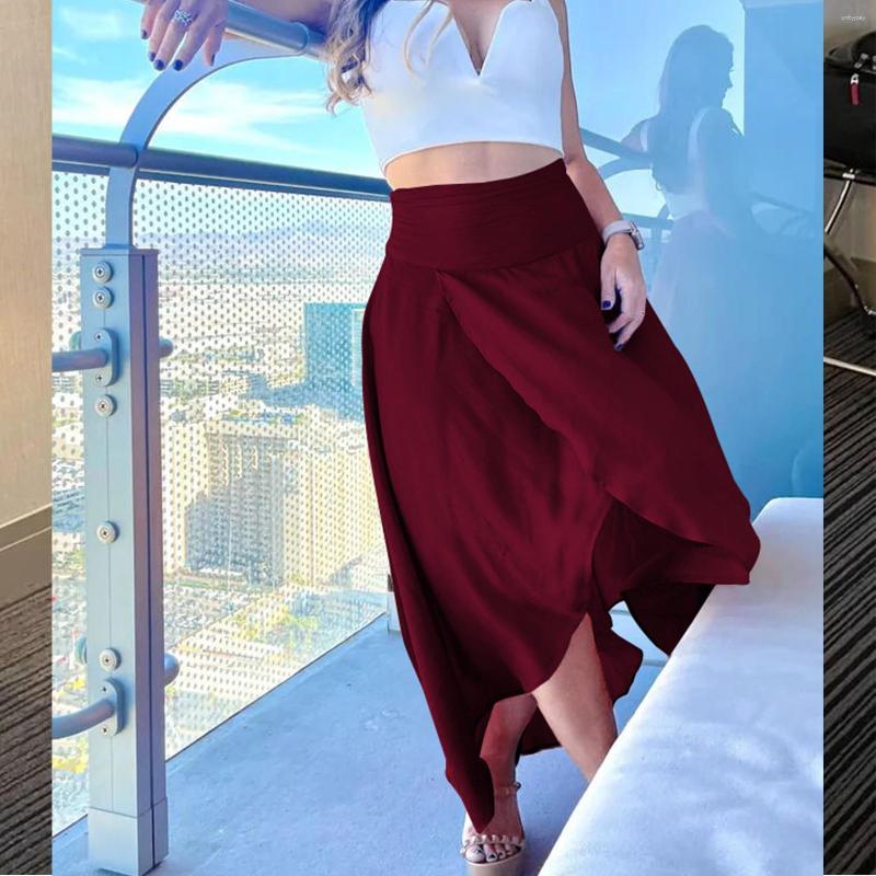 

Skirts Casual Skirt High Waist Summer Lightweight Slit Wrap Elastic Flowy Ruffle Hem Solid Color For Women Party, Black