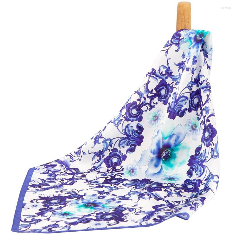 

Scarves Pure Silk Bandana Female Hair Scarf Classic Chinese Blue Flower Handkerchief Top Natural Women Headband Pocket Square