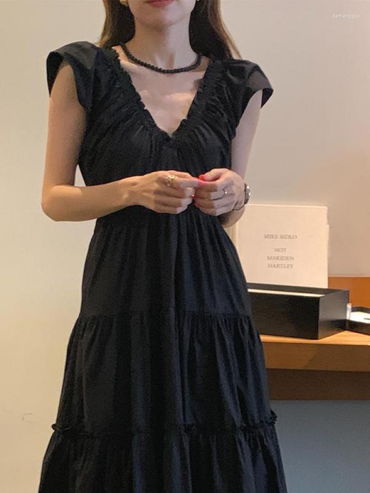 

Casual Dresses Fashion Summer High Waistvest Long Dress Women V Neck Sleeveless Ruffles Hem Sundress Boho A-line Beach Holiday Vestido, White