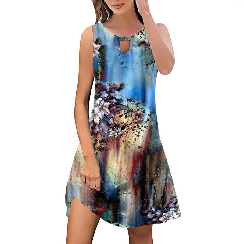 

Casual Dresses Women's Printed Style Sleeveless Swing Dress Loose Pleated Ruched Boho, Dark gray