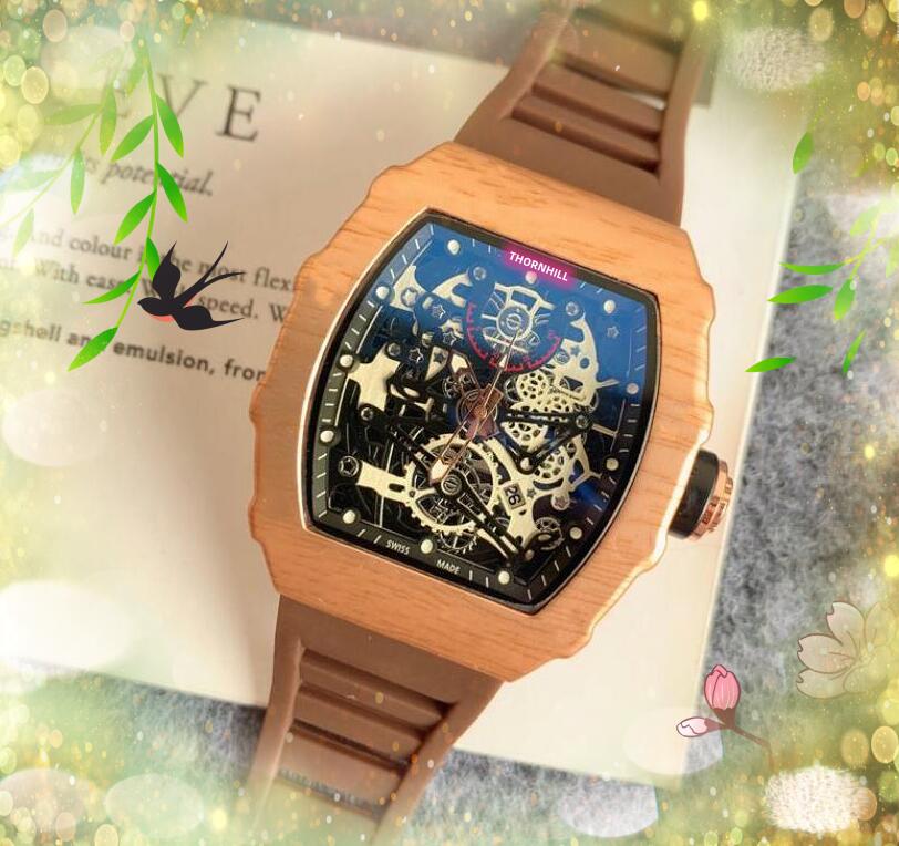 

2024 Luxury Fibre Wood Texture Case Mens Watches Quartz Chronograph Movement Clock Iced Out Hip Hop Comfort Colorful Generous Rubber Sports Automatic Date Watch, As pic