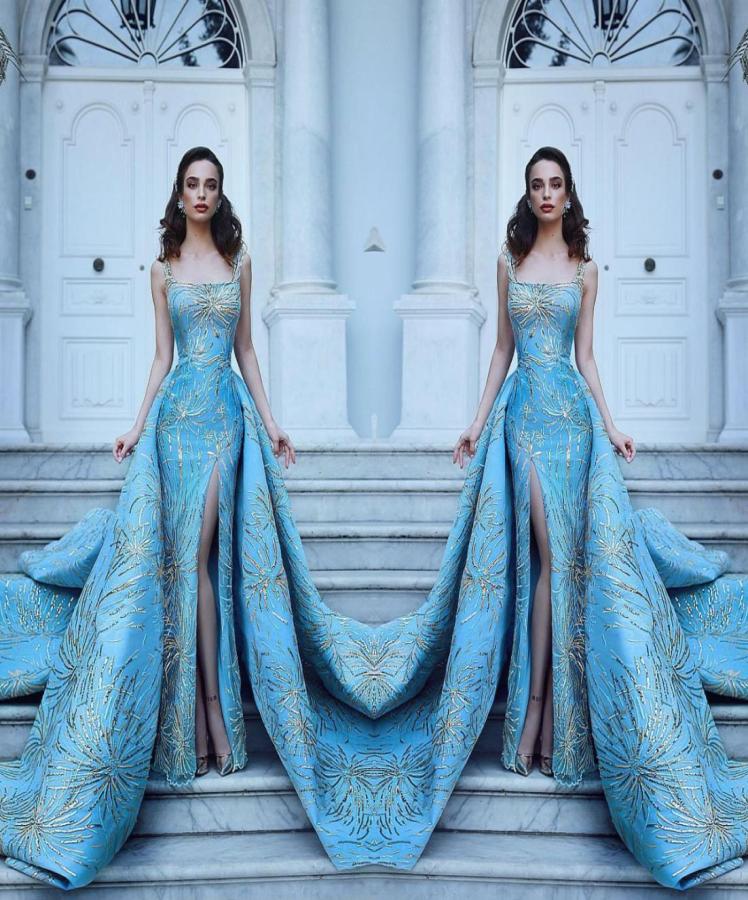 

High Quality Custom Made Prom Dress Square Neck Side Split Gold Sequins Satin Evening Party Dresses With Detachable Train2538607, Silver