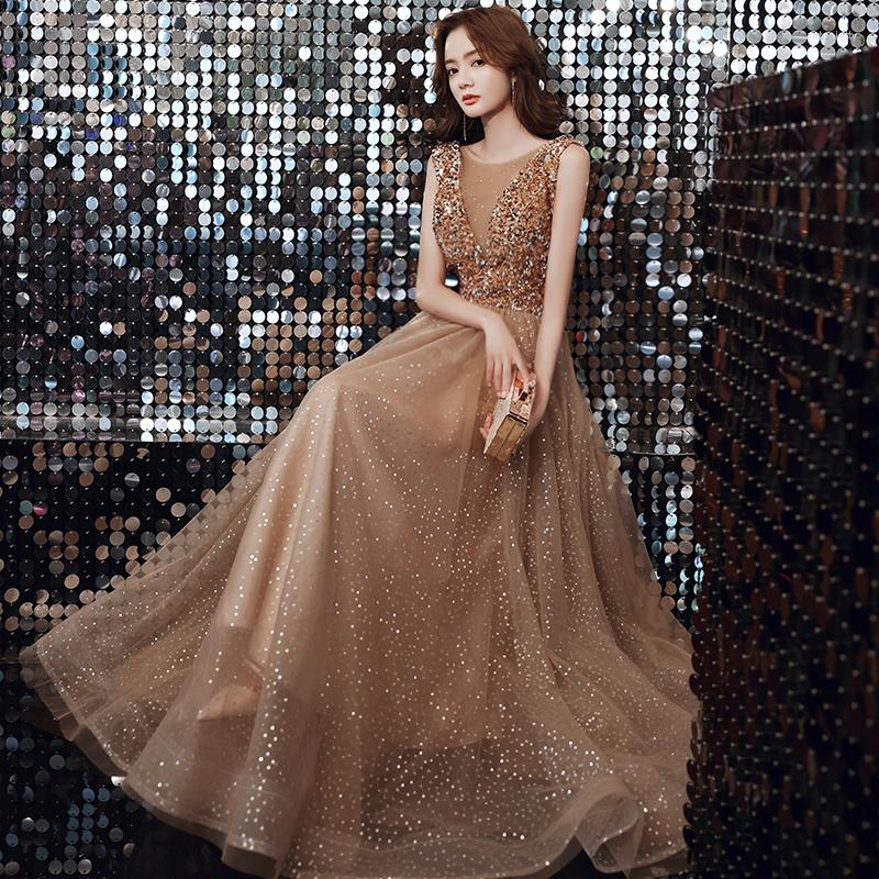 

Ethnic Clothing Temperament A-Line Evening Party Dress Sexy Maxi Celebrity Banquet Bling Pleated Sleeveless Formal Dresses Gown