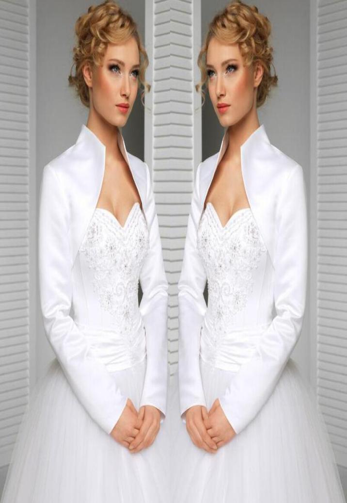 

real custom made size and color wedding jacket satin long sleeves high collar bride accessories bridal bolero shrug wraps sh1413907, Silver
