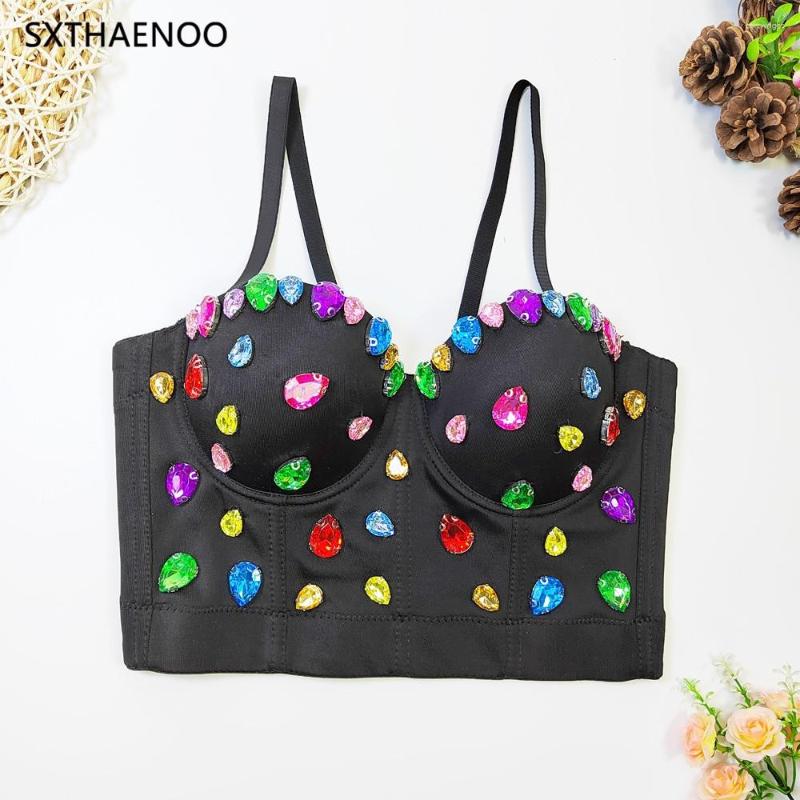 

Women's Tanks SXTHAENOO 2023 Elegant Beaded Colorful Gemstone Top For Women Camisole Female Cropped Banque Ptarty Tank Tops Summer, Black