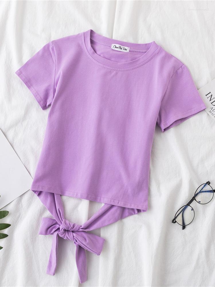 

Women's T Shirts Summer Solid Color Shirt Women Cropped Tops Round Neck Short Sleeve Bow Sash Ladies Korean Clothing Sexy Mini, Black