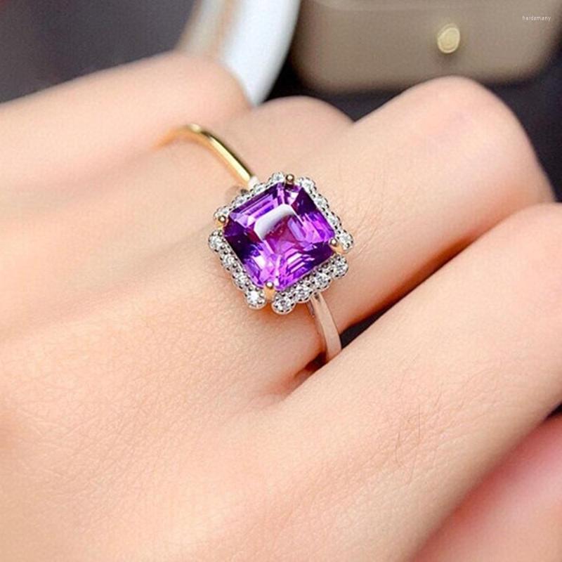 

Cluster Rings Chic Square Purple Crystal Amethyst Gemstones Zircon Diamonds For Women White Gold Silver Color Bague Trendy Jewelry Gifts