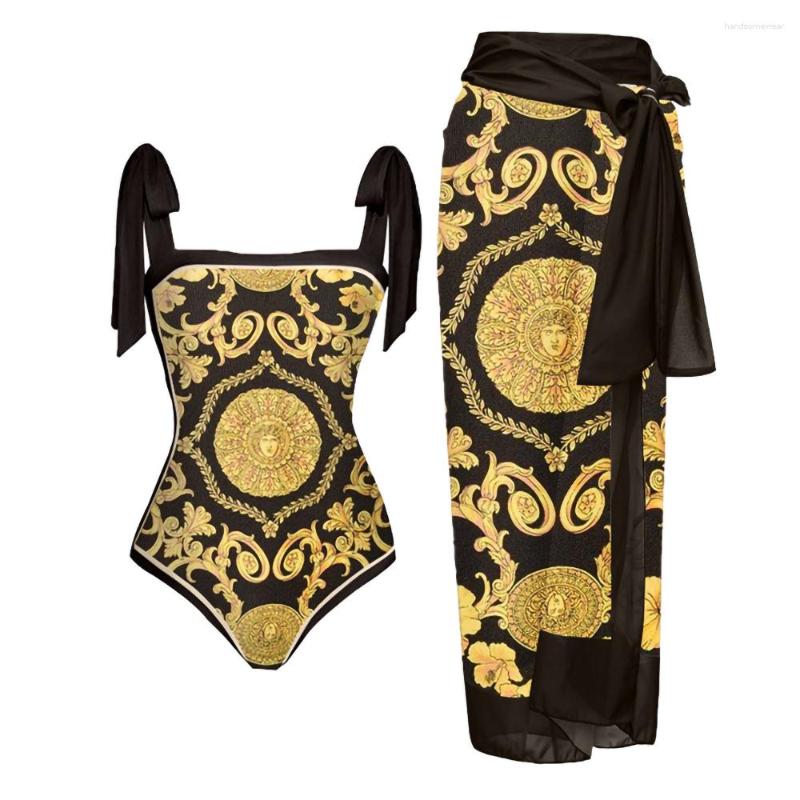 

Women' Swimwear Retro Black Gold Color Matching Printed One-piece Swimsuit Sexy Beach Fashion Strap Cover-up Blouse Pre-sale 2023, Beige