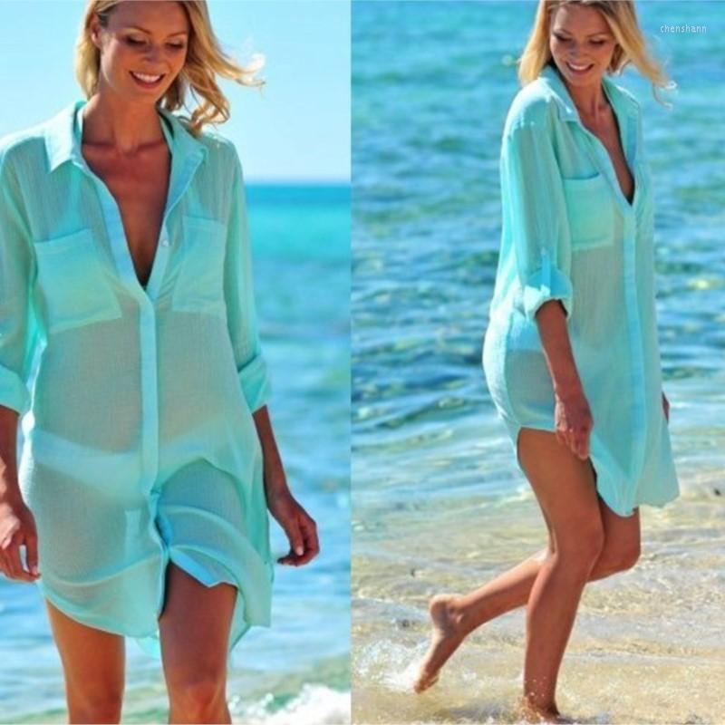 

Women's Swimwear Beach Cover Up Robe Plage Pocket Swimsuit Sarong Shirt Tops Bathing Suit Women Beachwear Pareo Tunic 2, White