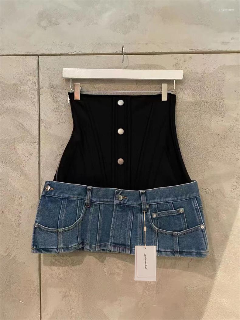 

Skirts 2023 Spring Summer High Waisted And Short Skirt Fishbone Stitching Denim Slim Fitting, Color panel
