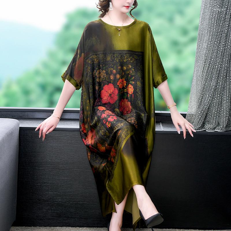 

Casual Dresses 2023 Heavy Mulberry Silk Mother Dress Vintage Plus Size Slim Elegant Temperament Short Sleeve Skirt, The picture color