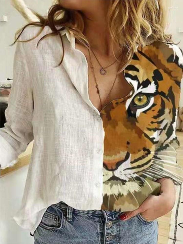 

Women' Blouses Blouse Women Tiger Print Shirt Loose Lapel Button Long Sleeve Office Lady Leisure Streetwear Tops, Fluorescent green