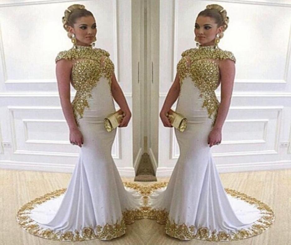 

Stunning White Long Evening Dress High Neck Cap Sleeve Beaded Gold Lace Appliques Stretch Satin Mermaid Women Formal Gowns7213622, Blue