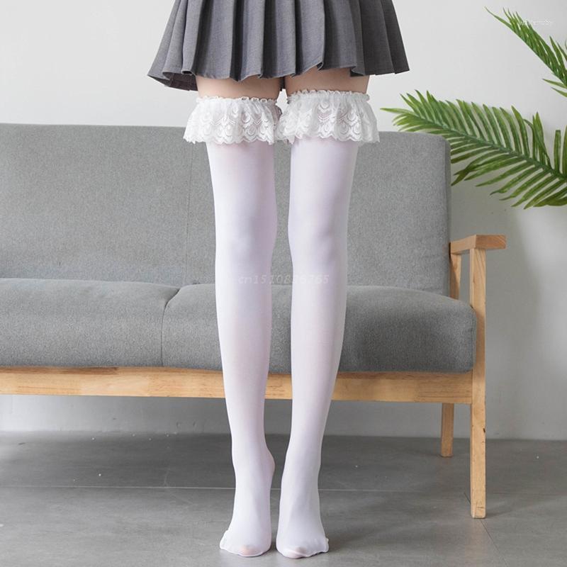 

Women Socks 1 Pair School Student Over Knee Long Japanese JK Lolita Ruffles Lace Anime Thigh High Elastic Sexy Stockings, White