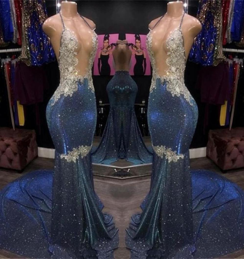 

Sparkly Blue White Sequined Mermaid Prom Dresses Sexy Halter Plunging Neck Appliques Top Open Back Long Evenin party Gowns BC40741534980, Gray