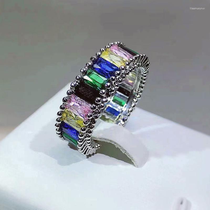 

Cluster Rings Rainbow Flash Diamond Ring Female Open T Square Stone Temperament Simple Party Birthday Gift