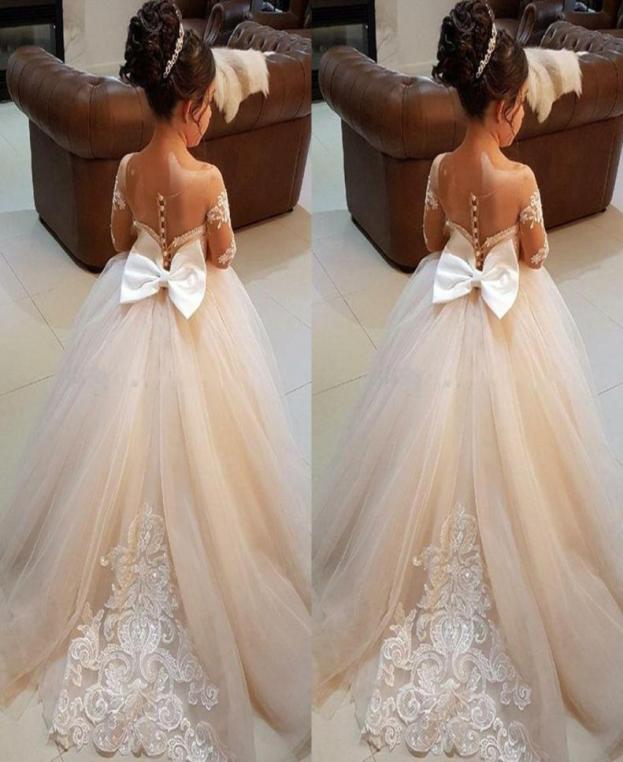 

New Champage Lace Flower Girl Dresses With illusion Back Long Sleeves Girl Pageant Dress Sweep Train Princess Girls Pageant Dress8008920, Brown