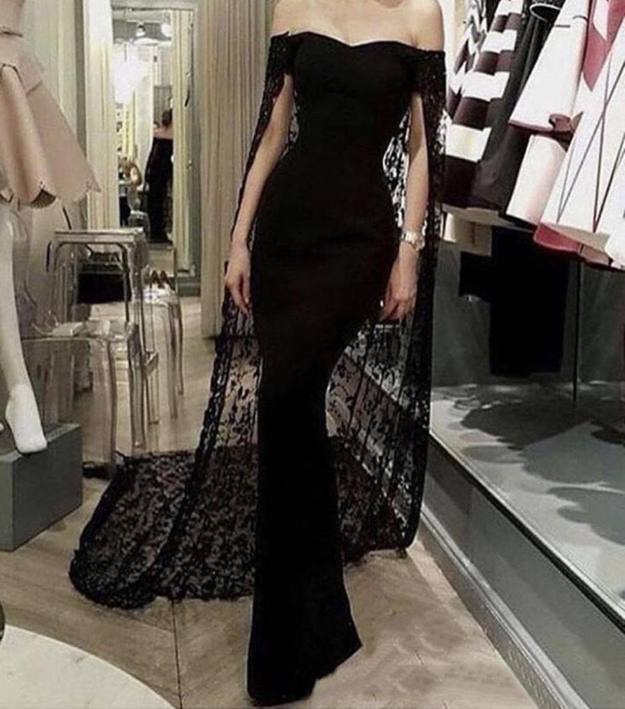 

Custom New Black Mermaid Evening Dresses With Cape Off The Shoulder Full Lace Saudi Arabic Formal Red Carpet Dress Sweep Train Pro3476130, Beige