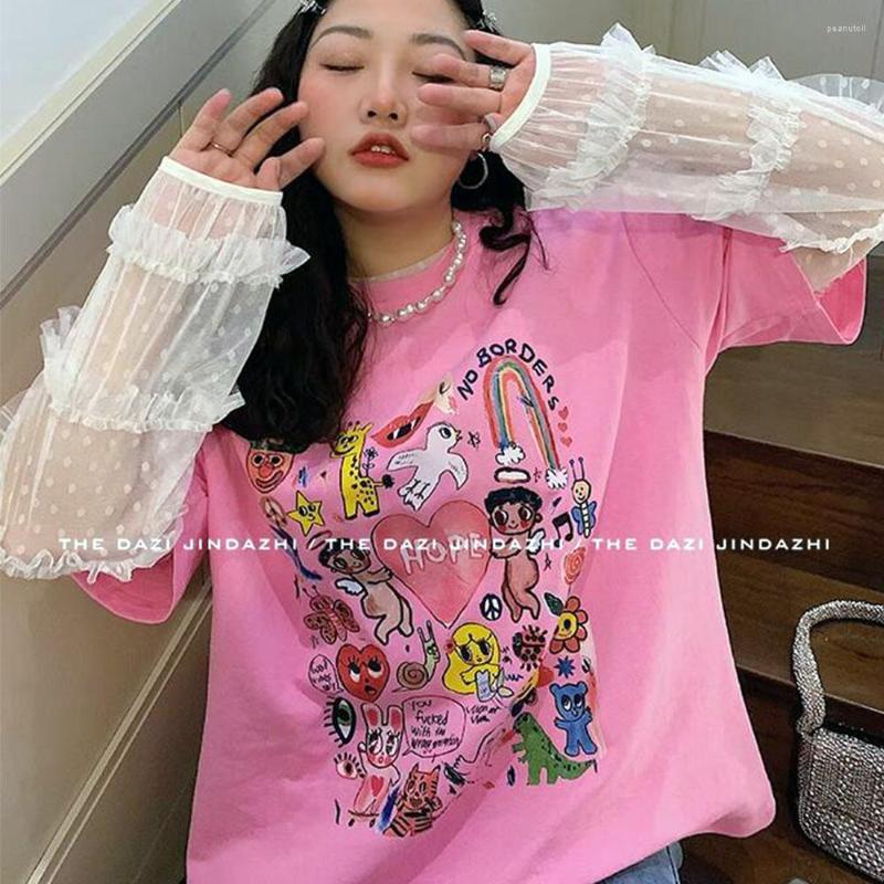 

Women' T Shirts American Retro Style Humor Cartoon Printing Women Loose Summer Short Sleeve Cotton Casual Tops Ins Fashion Cool Tees, Pink