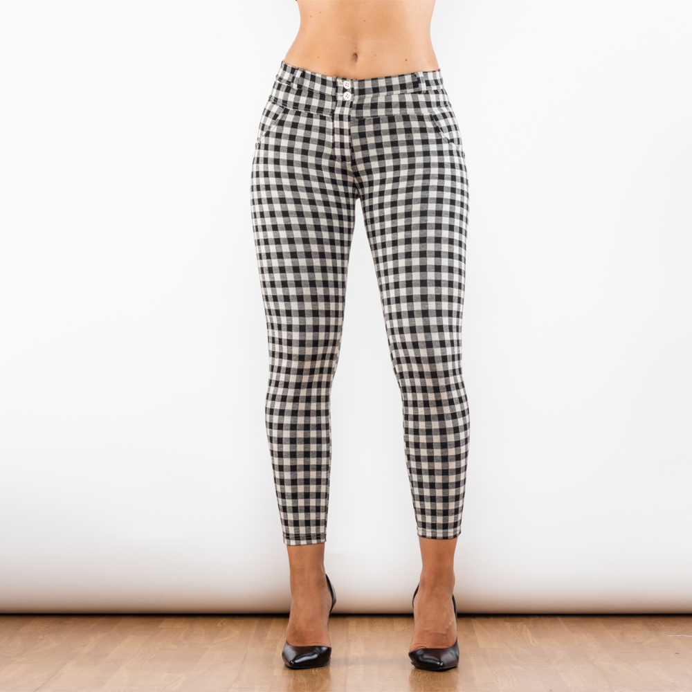 

Shascullfites Melody Plaid Pants White And Grey Big Square Middle Waist Lifing Pants Push Up Leggings Tight Pants