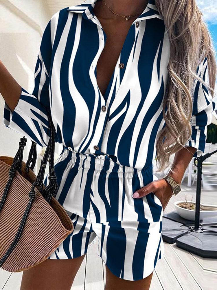 

Women's Tracksuits For Women's Leopard Printlong Sleeved Shorts Shirt Suit Summer Loose Casual Elastic Waist Shor Female Beach Two Piece, Sky blue