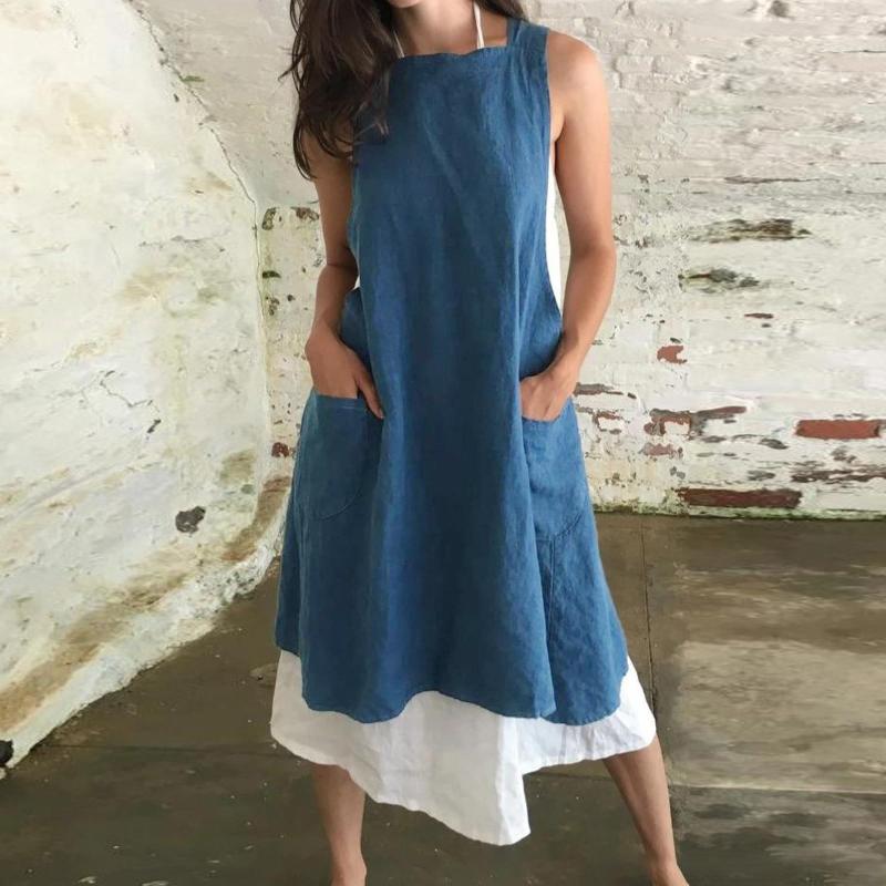 

Casual Dresses Women Cotton Linen Pinafore Square Apron Garden Work Dress, Navy
