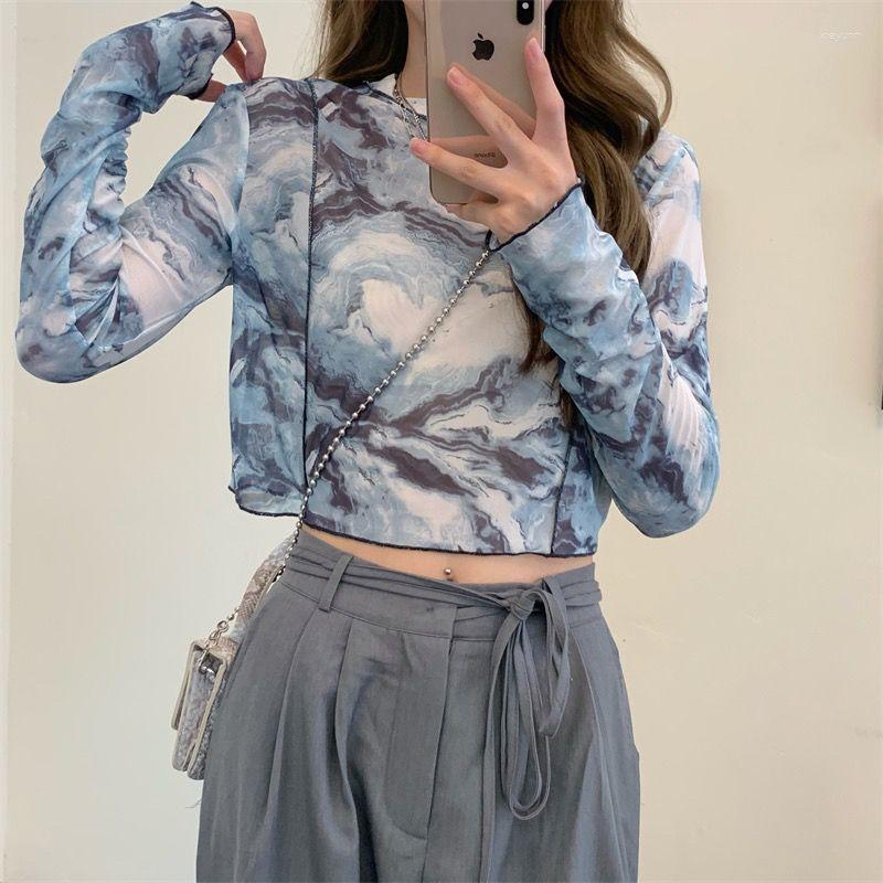 

Women's T Shirts Tie Dyed Mesh Top Long Sleeve T-shirts Underlay For Women 2023 Summer Sun-proof Cropped Tops Fashion High Street