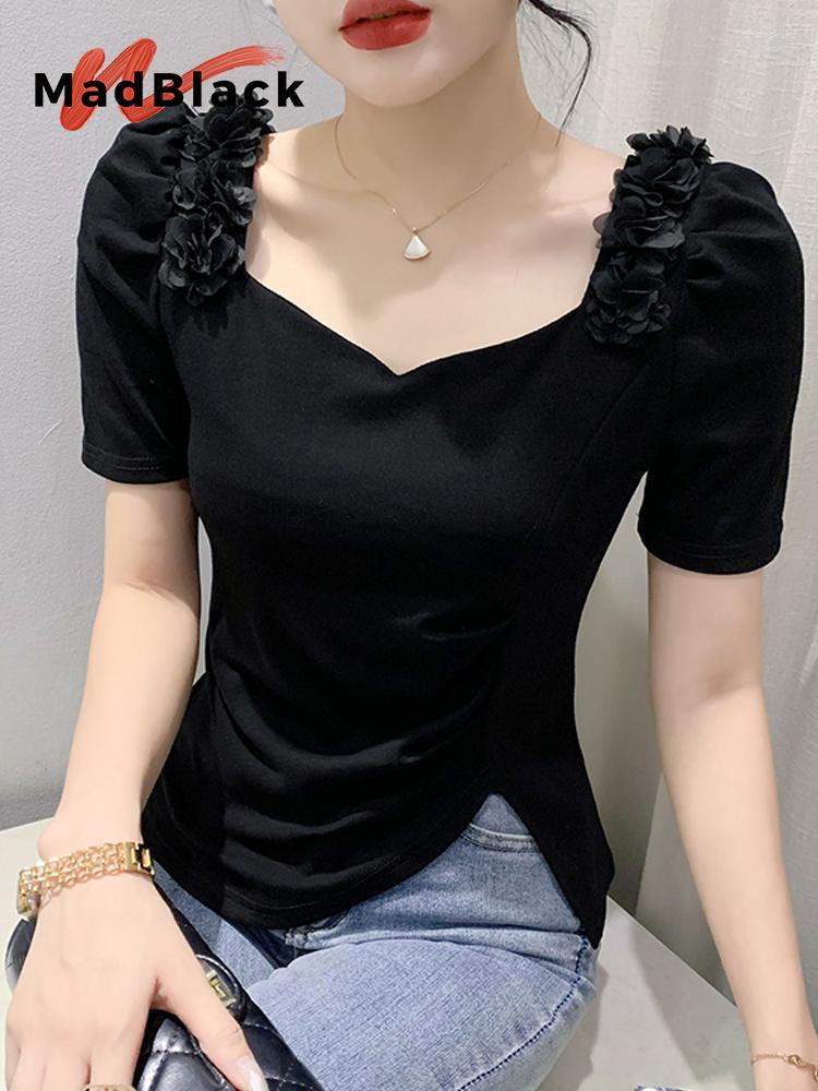 

Women's T Shirts MadBlack Summer European Clothes Tshirts Women Sexy Irregular Short Puff Sleeve Slim Cotton Tops Elastic Slit Tees T36712JC, Black