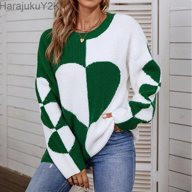 

Women' Sweaters Women Autumn Winter Ladies Elegant O Neck Love Print Patchwork Knitted Fashion Long Sleeve Casual Loose Sweater, Green