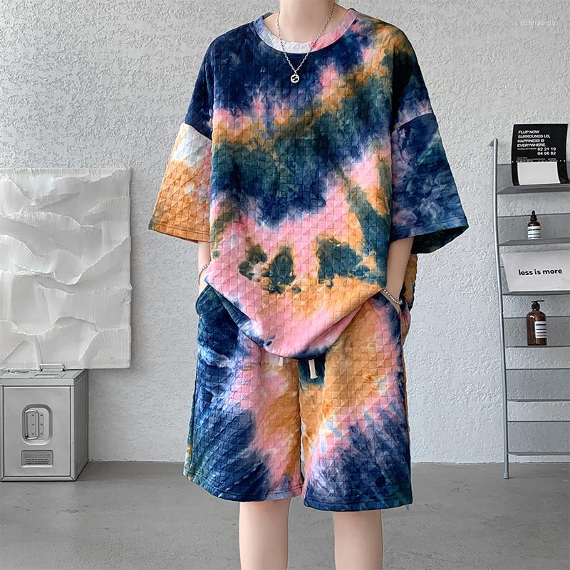 

Men's Tracksuits Summer Tie Dyed Sets Men Fashion Oversized Short Sleeved T-shirt Shorts Two-piece Streetwear Loose Plaid Set Mens, Green