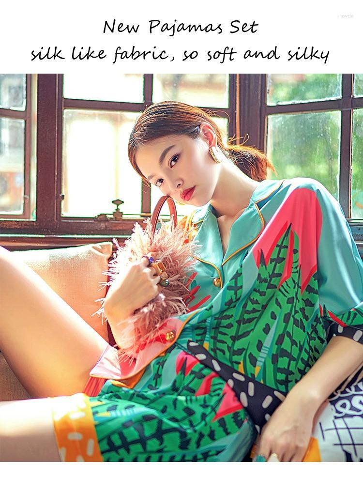 

Women's Sleepwear 2023 Women Pajama Set Hand Drawn Art Tropical Plants Pyjama Silk Like Nightwear Shorts Home Wear Clothes Homewear
