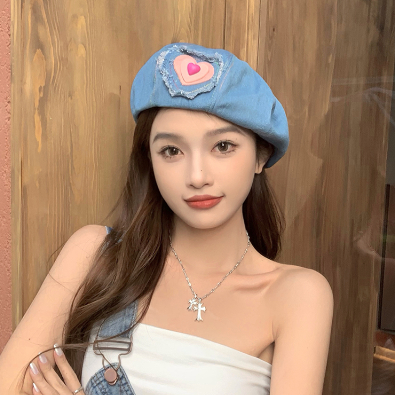 

Japanese Sweet Love Denim Berets for Women 2023 Spring and Summer New Travel Shopping Casual Versatile Show Face Small Beret