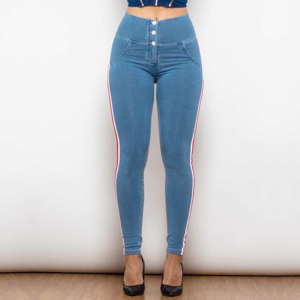 

Shascullfites Melody White Thread Light Blue Striped Lift Jeggings Button Up High Wasit Jeans Scrunch Bum Pants