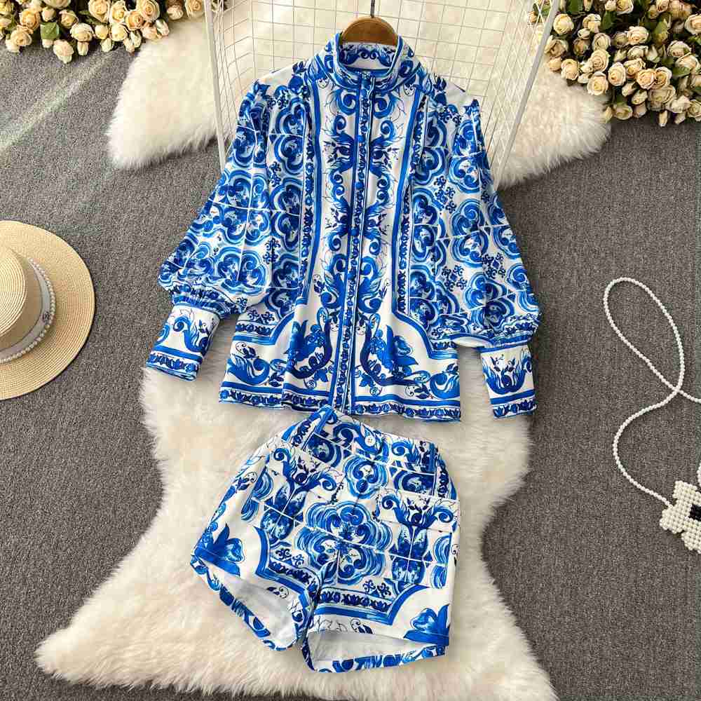 

Women Vintage Two Piece Clothing Short Set Floral Print Lantern Sleeve Blouse Shirts and Pockets Belt Shorts Suit, Extra amount