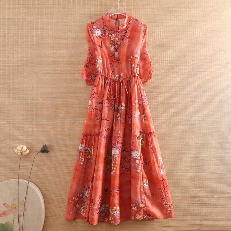 

Ethnic Clothing High-end Spring Autumn Women Ramie Cheongsam Dress Retro Elegant Print Half Sleeve A-line Lady Party Qiapao S-XXL