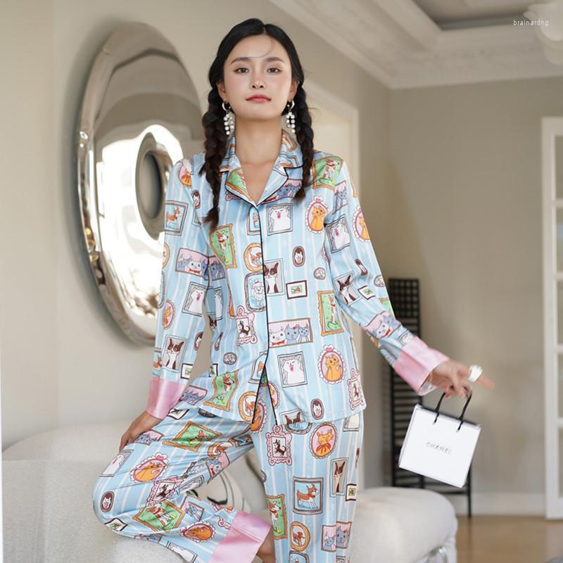 

Women's Sleepwear Sweet Cartoon Print Ice Silk Pajamas Set For Women Spring Summer Long Sleeve Homewear Clothing Lady Night Suits, Blue