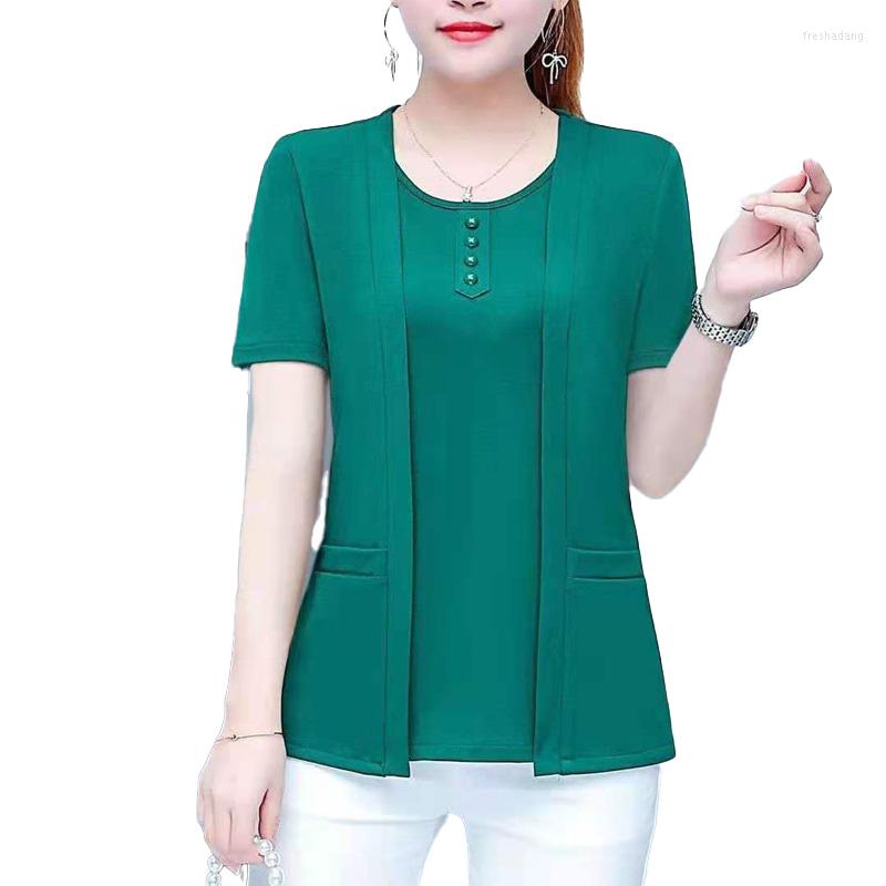 

Women's T Shirts 2023 Summer Fashion Loose Casual Round Neck Panel Button Double Pocket Fake Two Piece Women's Short Sleeve T-shirt, Green