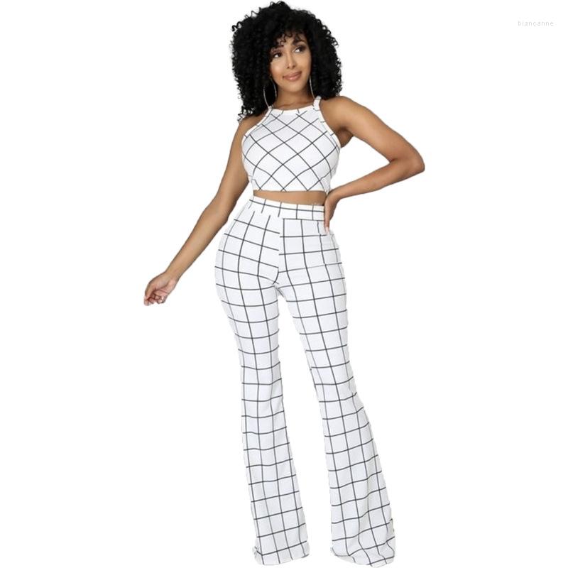 

Women' Two Piece Pants 2023 Summer Fashion Temperament Of Grid Condole Belt Commute Milk Silk White Tall Waist Trousers Two-Piece Set