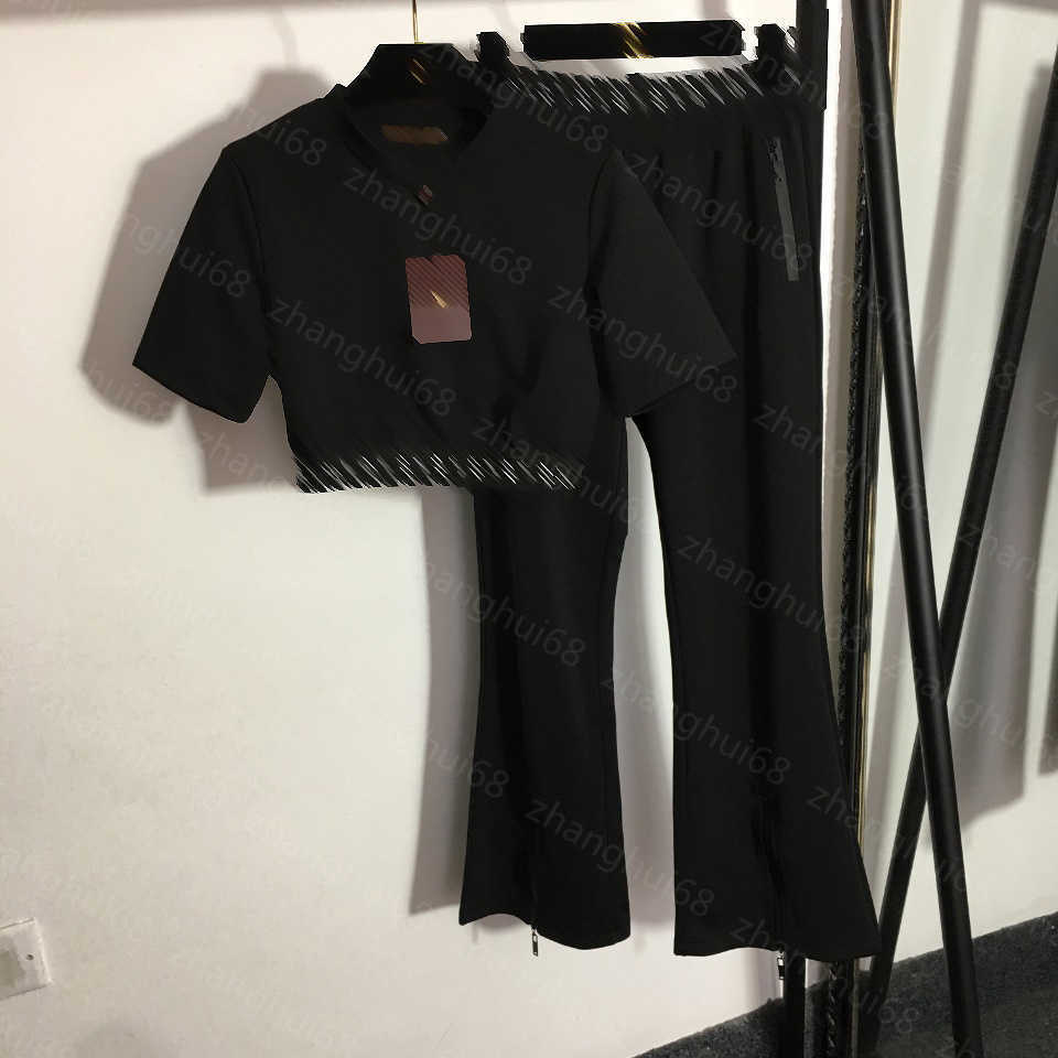 

23ss women pants sets Casual suit womens designer clothing Short style short sleeve top trouser leg zipper slit elastic waist bell bottoms set Women Clothes