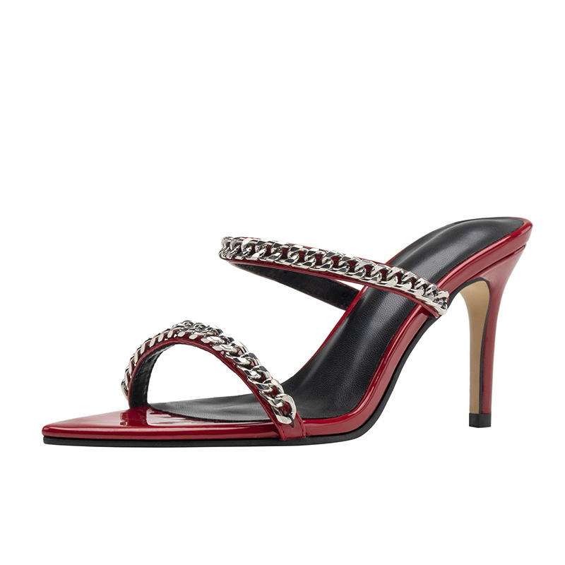 

French Crimson High Heels Sandals Chain Pointed Toes Sandals Slim Heels Women's Shoes, Black