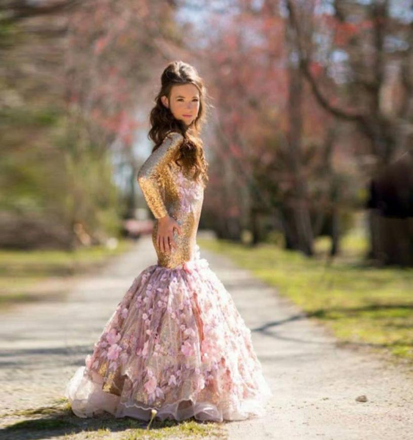 

New Gold Shinny Flower Girl Hand Made Flower Long Sleeve Mermaid Dresses Sequins Applique Girl039s Pageant Dresses5711575, Fuchsia